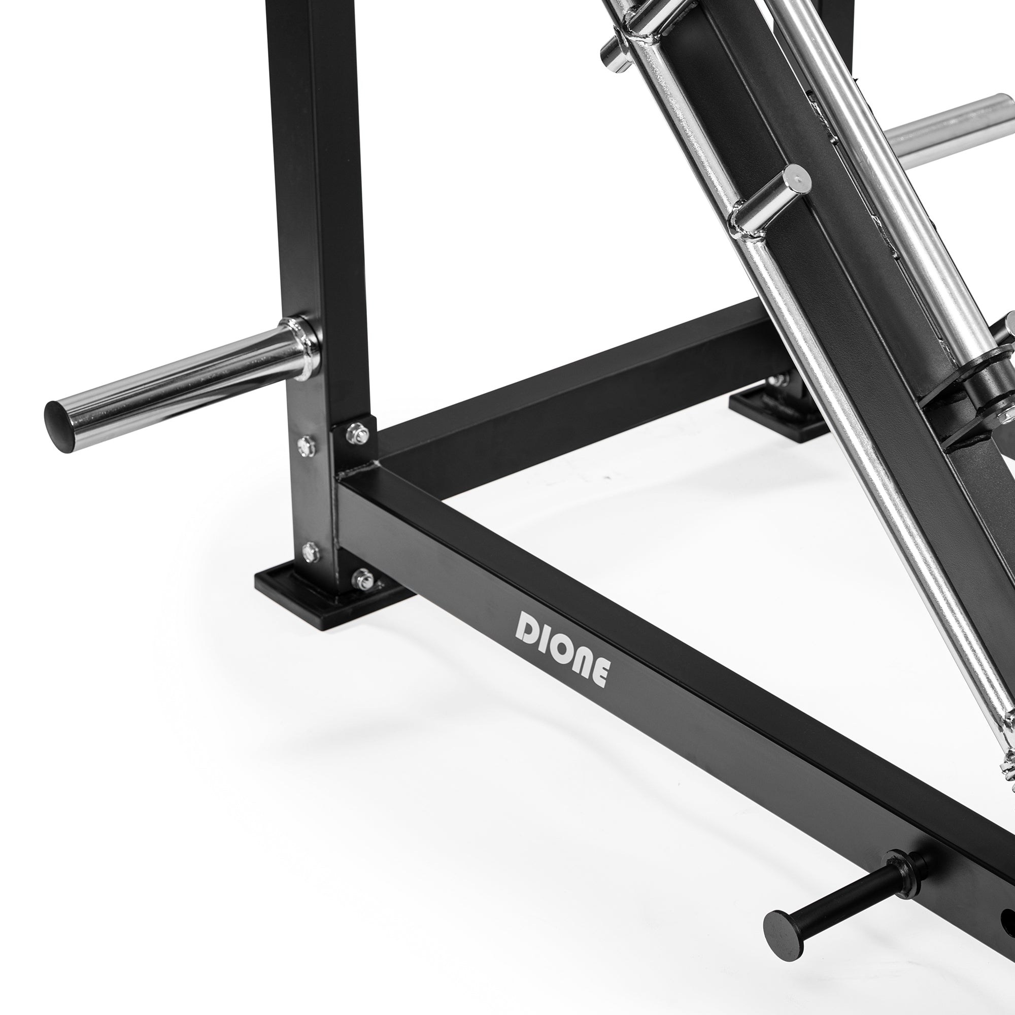 Close-up of the robust DIONE LP5000 leg press machine showcasing its solid construction and smooth guides.