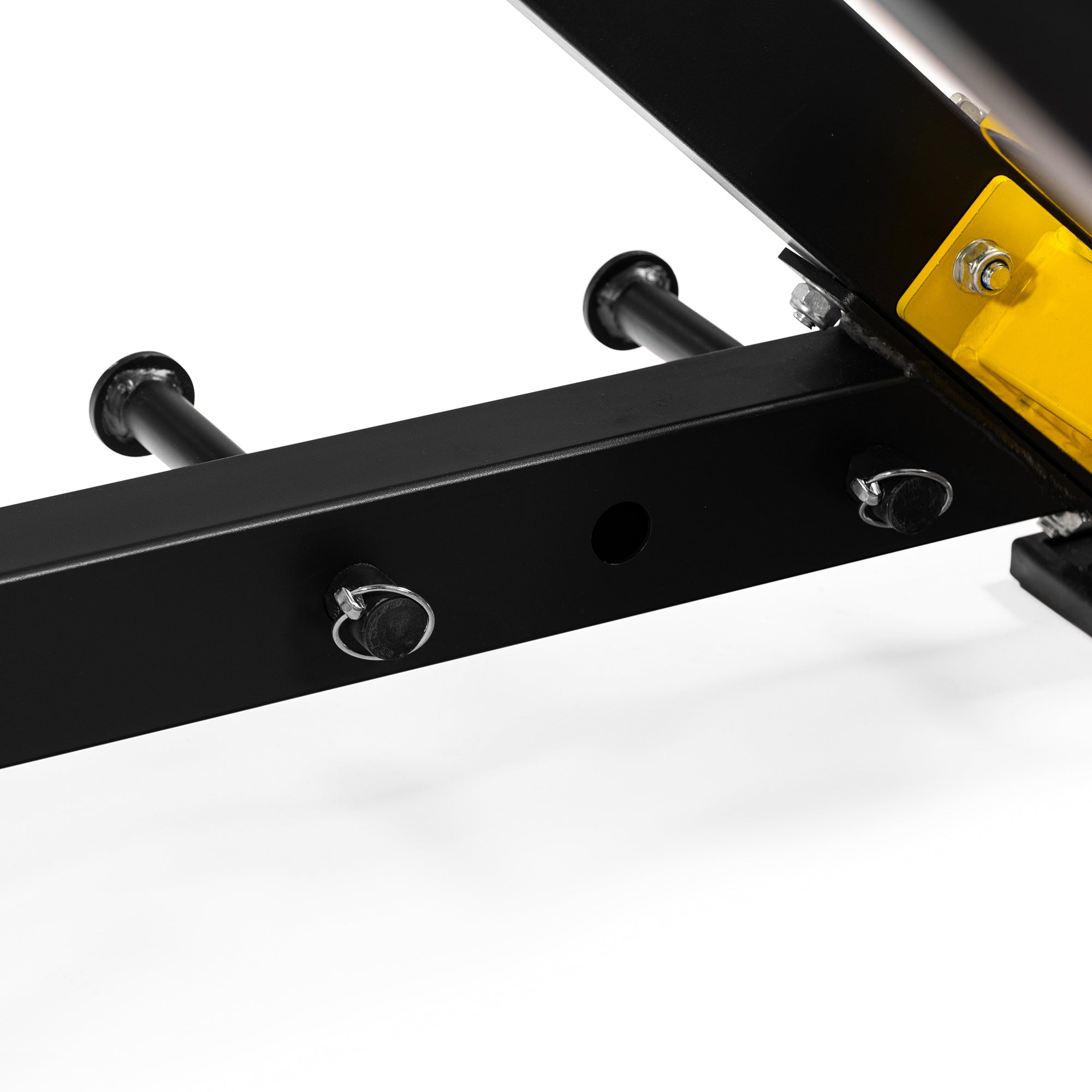 Close-up of the robust frame and safety components of the DIONE LP5000 Leg Press for home workouts.