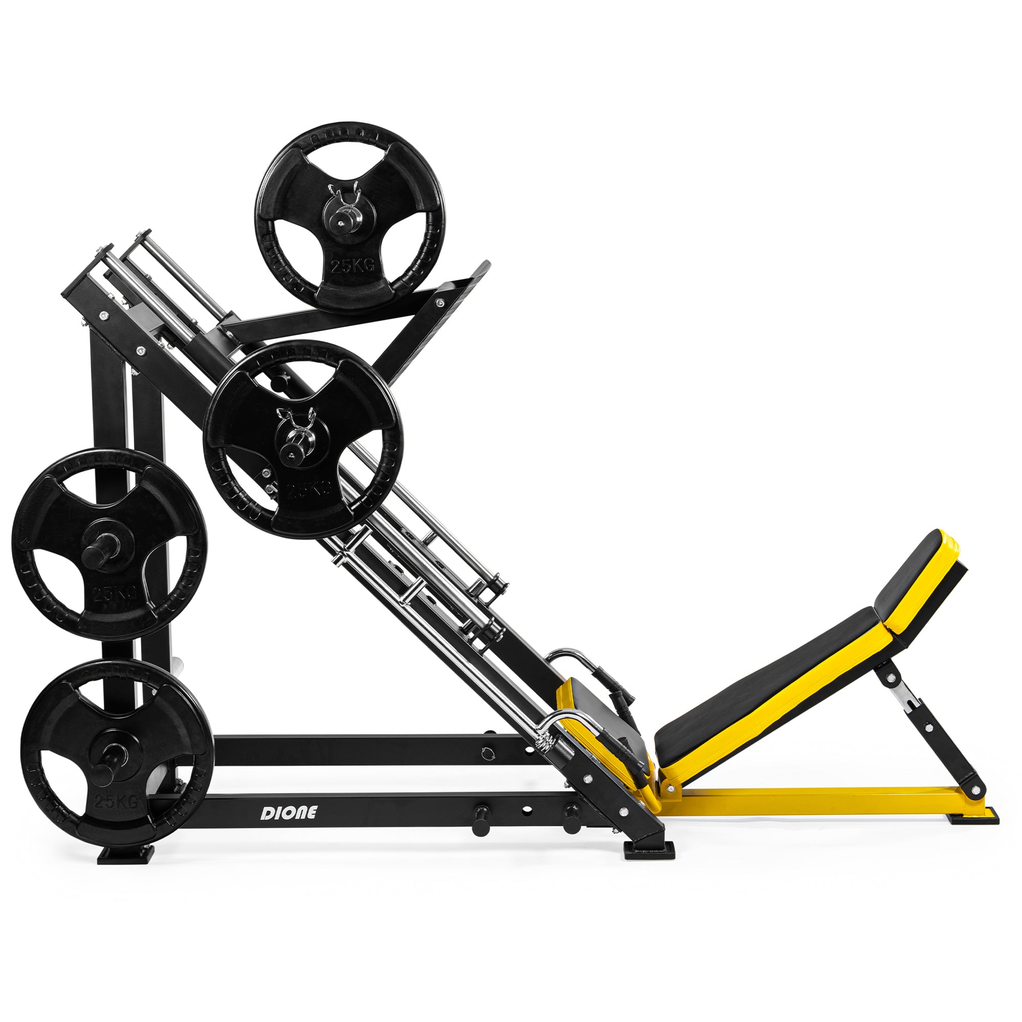 DIONE LP5000 Leg Press machine with weight plates, showcasing robust design and smooth operation for home workouts.