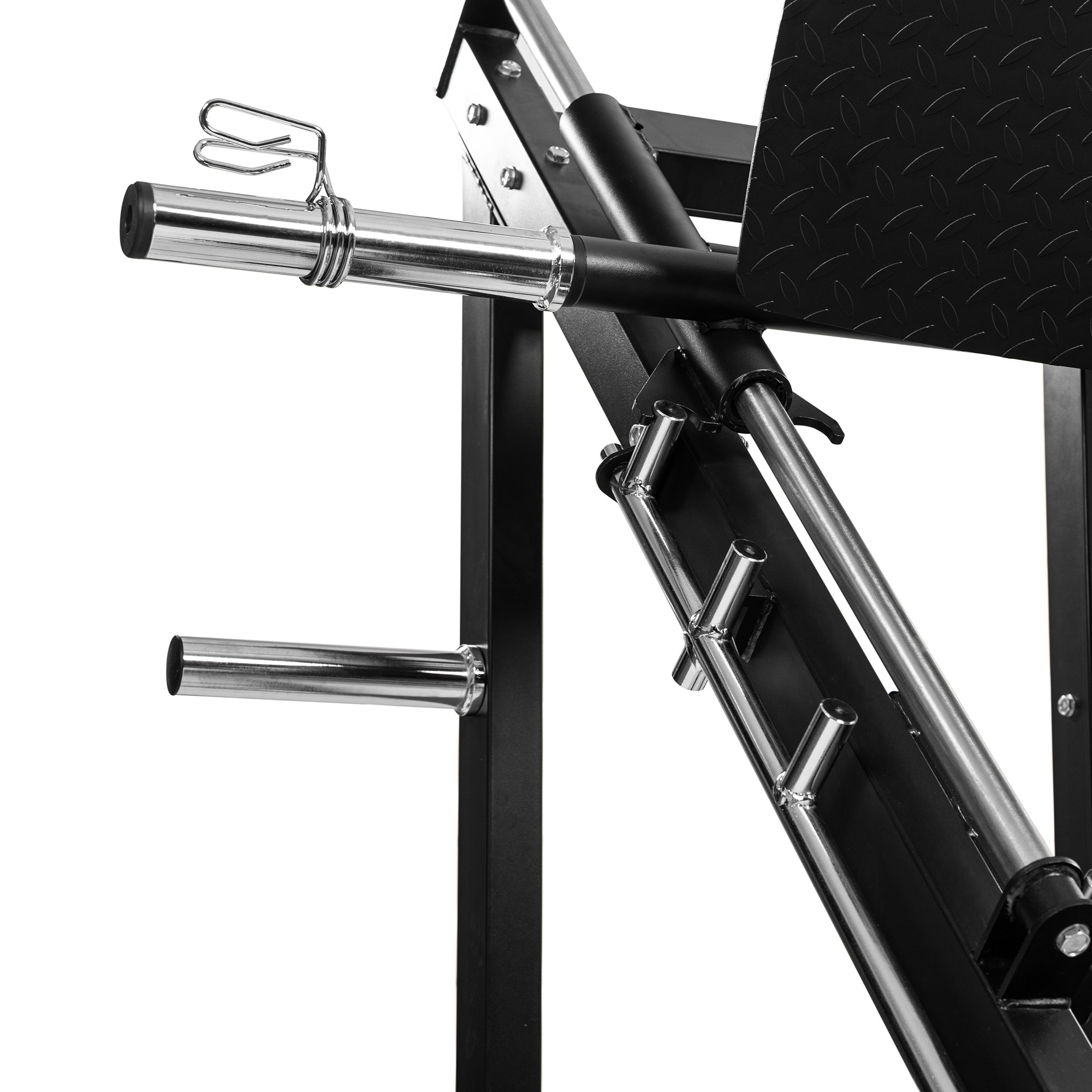 DIONE LP5000 leg press close-up of weight bar and sturdy frame details for efficient leg training at home.