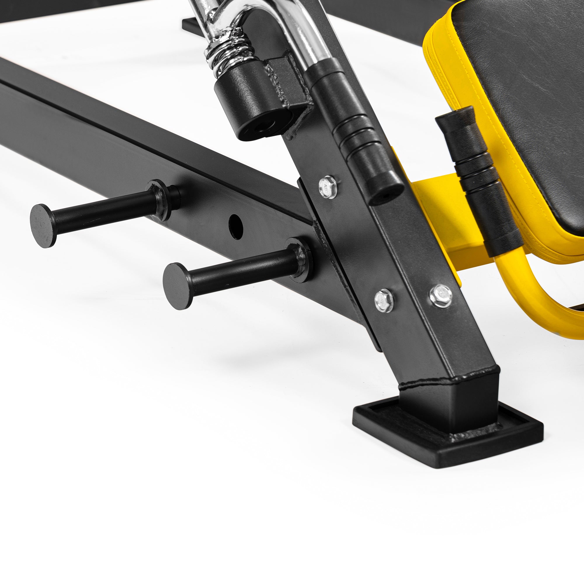 Close-up of the robust frame and adjustment settings of the DIONE LP5000 leg press machine.