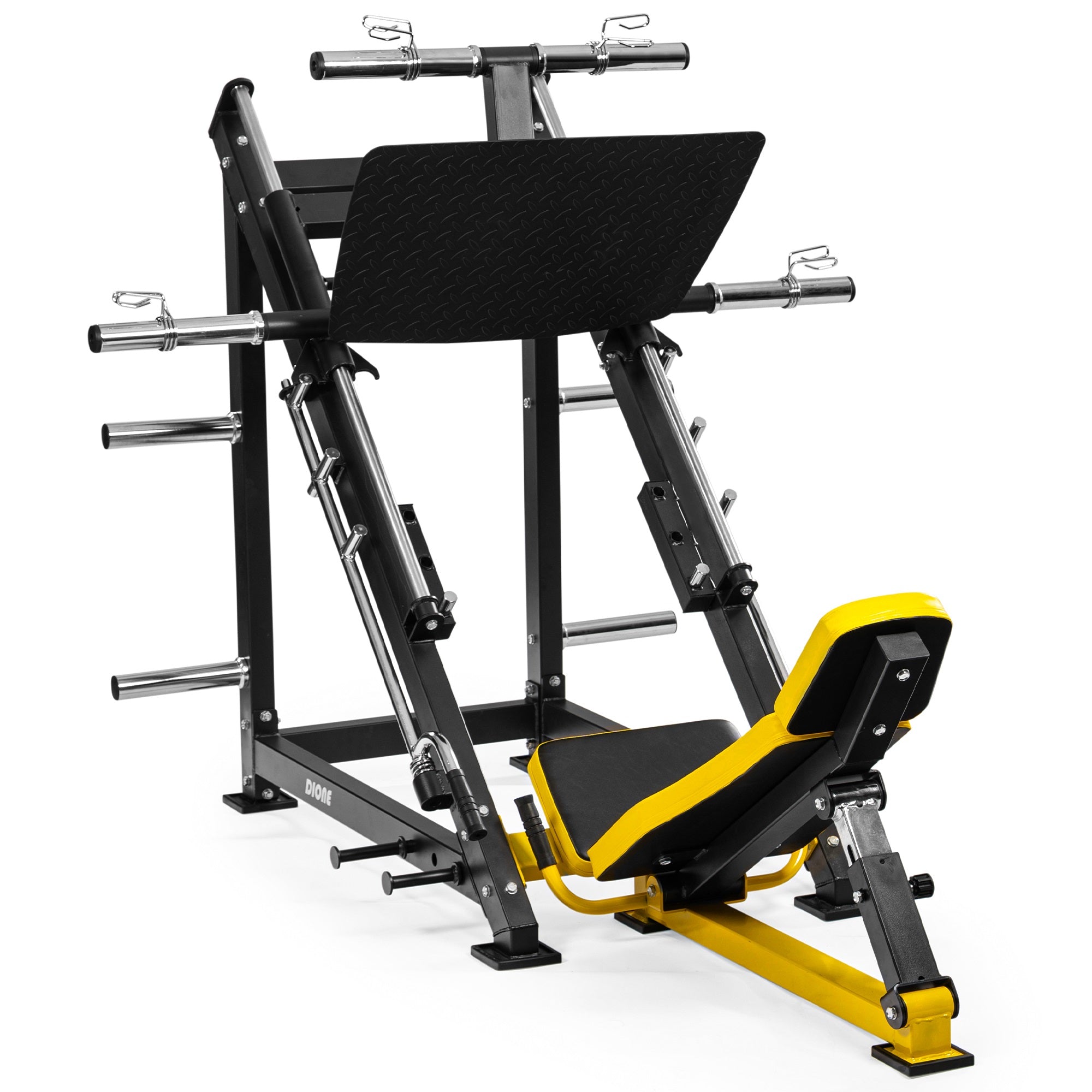 DIONE LP5000 Leg Press machine with robust design and sleek yellow accents for home gym workouts.